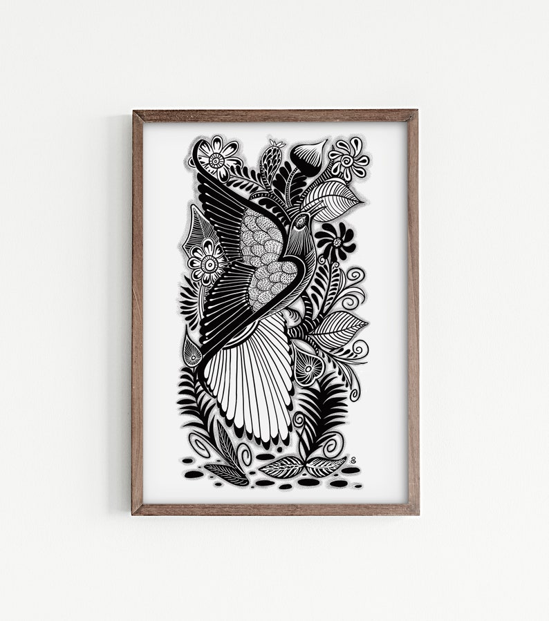 May include: Black and white line art print of a bird with intricate floral designs. The bird is surrounded by leaves and flowers, creating a whimsical and organic pattern.