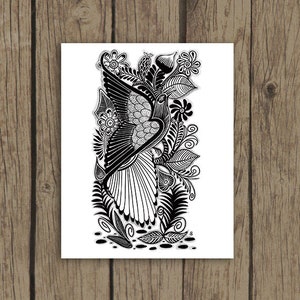 May include: Black and white line art illustration of a bird with intricate floral designs. The bird is surrounded by leaves and flowers, creating a detailed and elegant pattern.