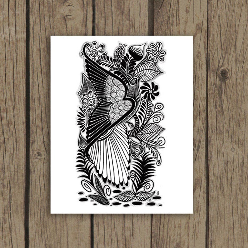 May include: Black and white line art illustration of a bird with intricate floral designs. The bird is surrounded by leaves and flowers, creating a detailed and elegant pattern.