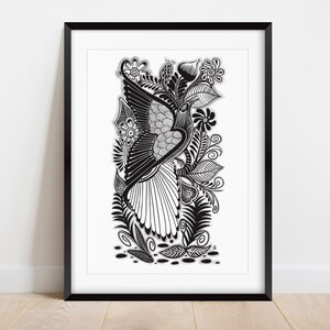 May include: Black and white line art print of a bird with intricate floral details. The bird is flying with its wings spread wide. The flowers are stylized and have a whimsical feel.