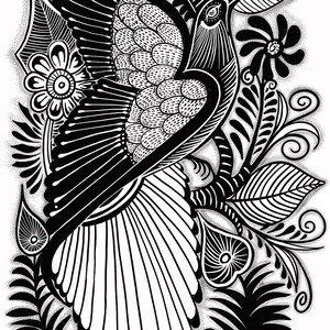 May include: Black and white illustration of a bird with intricate details, perched on a branch with stylized flowers and leaves.