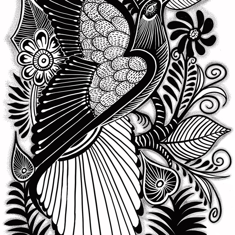 May include: Black and white illustration of a bird with intricate details, perched on a branch with stylized flowers and leaves.