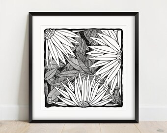 Bloem kunst afdrukbaar, bloem illustratie afdrukbare kunst aan de muur, hand getrokken eclectische kunst print, home decor instant download zwart-wit kunst