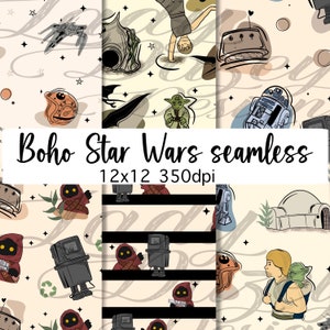 May include: A seamless pattern featuring characters and objects from Star Wars, including Yoda, R2-D2, a Stormtrooper, and a lightsaber. The pattern is in a boho style with a beige background and black stripes.