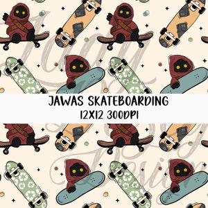 May include: A seamless pattern featuring cartoon Jawas from Star Wars riding skateboards with various designs. The background is a light beige with scattered stars and small brown dots.