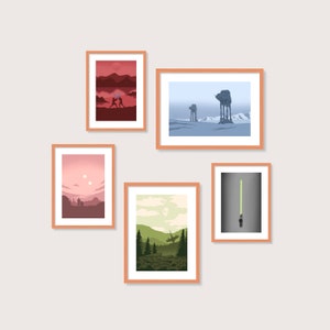 May include: Five framed prints on a white wall. The prints feature different scenes from the Star Wars universe, including a lightsaber, a forest, a snowy landscape with AT-AT walkers, a sunset, and a duel between two characters.