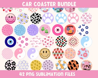 Trendy Car Coaster PNG Bundle: 42 Sublimation Designs (Digital Download)