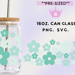 Mint Retro daisy flower SVG for Libbey beer can glass wrap 16 oz | Boho Flowers SVG & PNG cut files | Spring flower svg files