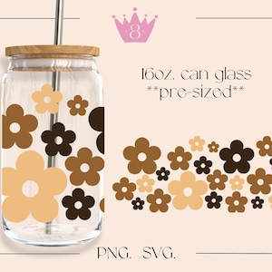 Retro daisy flower SVG for Libbey beer can glass wrap 16 oz | Boho Flowers SVG & PNG cut files