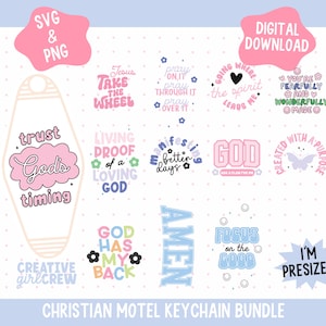 May include: A set of 12 Christian motel keychain designs featuring inspirational quotes and phrases. The designs are in a variety of colors and styles, including pink, blue, and purple. The keychains are perfect for adding a touch of faith to your keys or bag.
