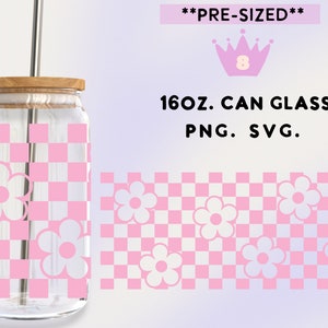 Checkered retro daisy flower SVG for Libbey beer can glass wrap 16 oz | Boho Flowers SVG & PNG cut files