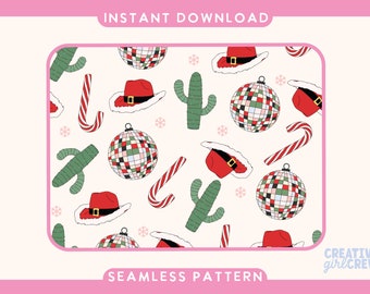 ウエスタンクリスマスシームレスパターン：サンタカウボーイハット（デジタルダウンロード）