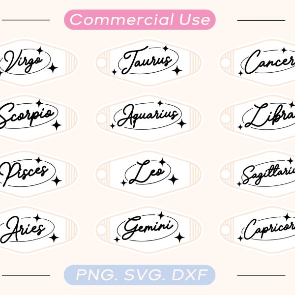 Zodiac Motel keychain SVG bundle, Astrology svg, Cricut Cut Files, Zodiac Keychain, Hotel Keychain, Tote Bag svg, Cute Car Decal, Y2K svg