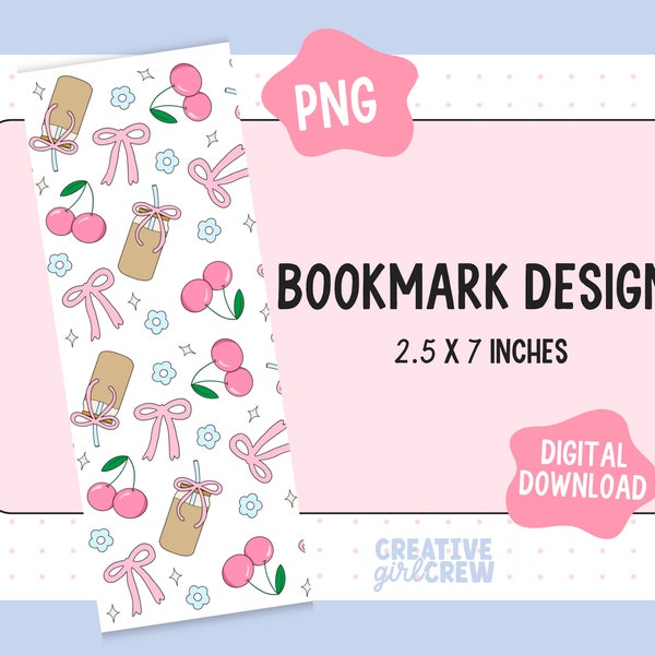 Iced Coffee Girly Bookmark PNG File | Coquette Bow Printable Bookmark Design - Commercial Use Files