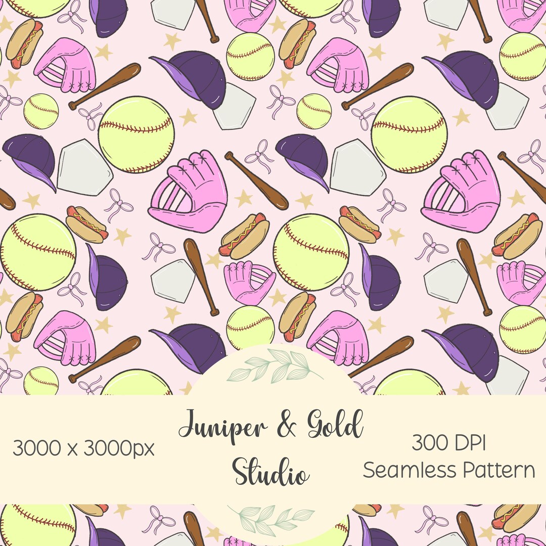 Softball Seamless Pattern, Girly Sports Digital Paper, Pink Design ...