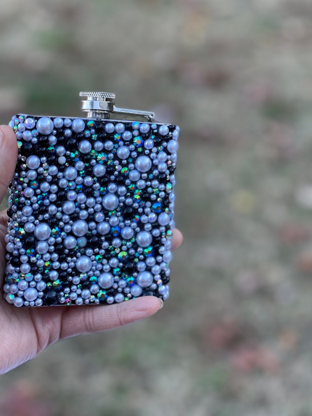 Custom Black and White Flask Set Bling Rhinestone Etsy