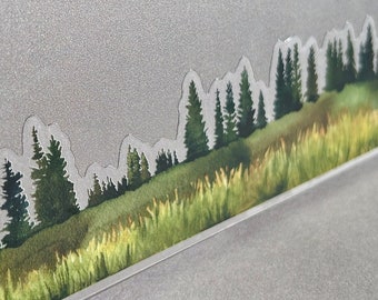 Watercolor Mountain Pines Sticker: Clear Vinyl Wrap-Around Water Bottle Decal
