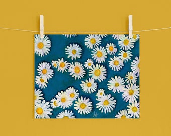 Daisies Watercolor Print | Teal Background, April Birth Flower