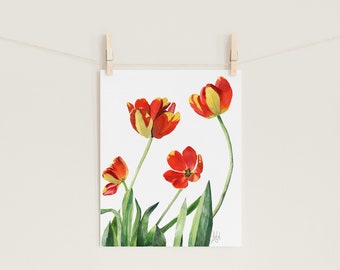 Red + Yellow Tulips Watercolor Print | Wall Art | Home Décor | Original Painting