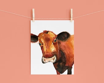 Brown Cow Watercolor Print | Wall Art | Home Décor | Original Painting