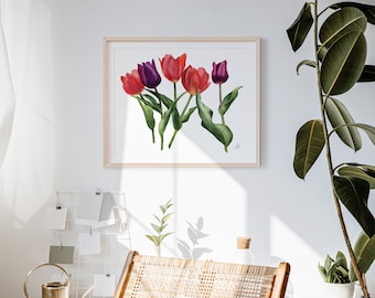 Red and Purple Tulips Watercolor Print | Wall Art | Home Décor | Original Painting