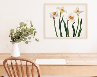 White Daffodils Watercolor Print | Wall Art | Home Décor | Original Painting