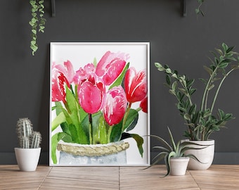 Pink May Tulips Watercolor Print | Wall Art | Home Décor | Original Painting