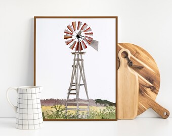 Windmill | Watercolor Print | Home Décor | Wall Art