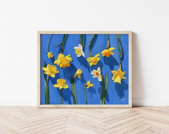 Daffodils Watercolor Print | Cobalt Blue, Floral Wall Art