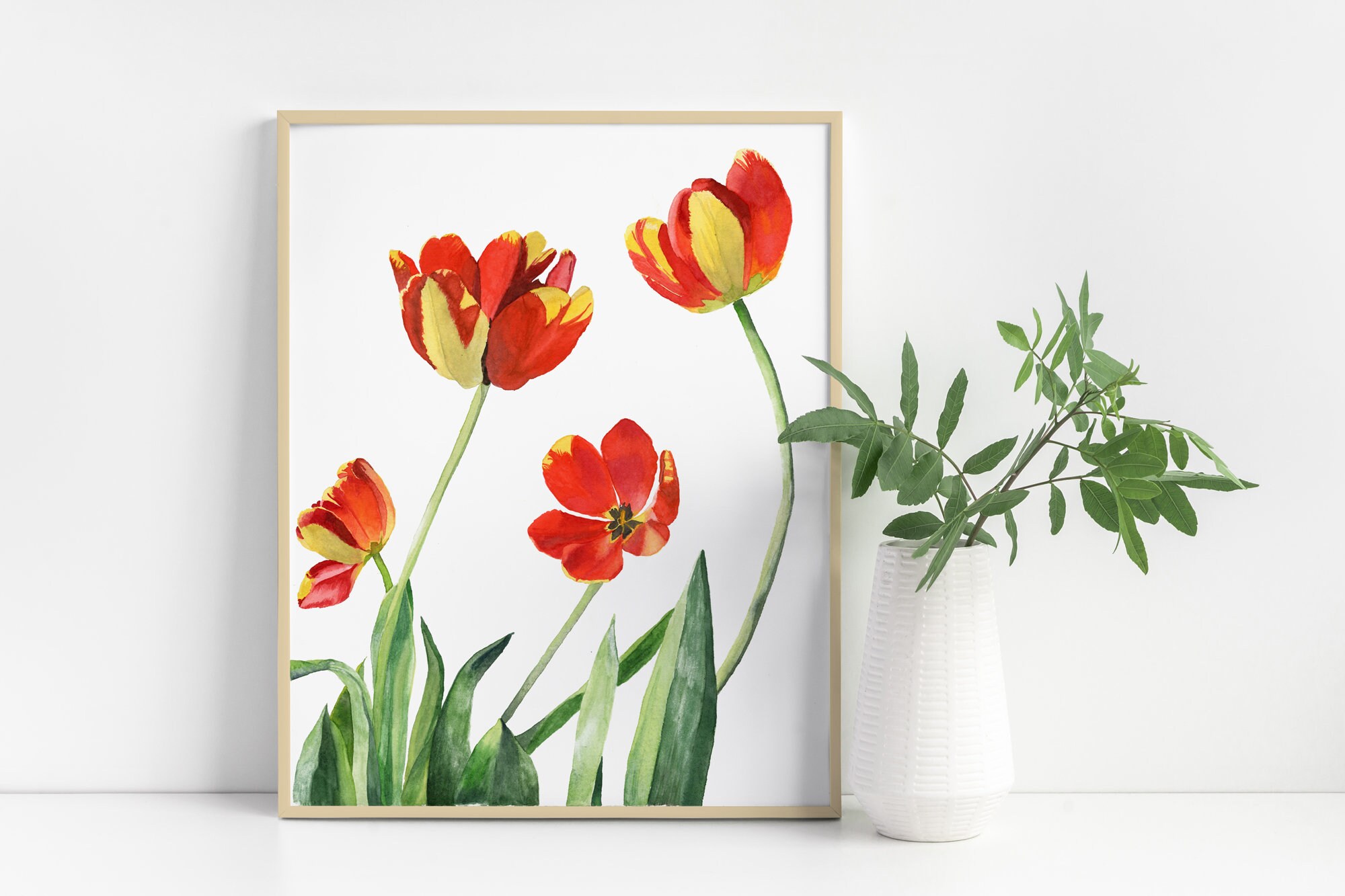 Red + Yellow Tulips Watercolor Print | Wall Art | Home Décor | Original ...