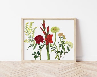 Red Gladiolus and Rose Watercolor Print | Wall Art | Home Décor | Original Painting