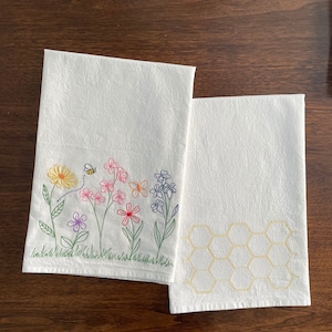 Embroidered Wildflowers & Bee - Honeycomb - Flour-sack Dishtowel