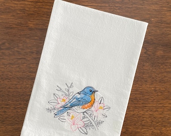 Embroidered Blue Bird Flour-sack Dishtowel