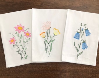 Embroidered Floral Flour-sack dishtowels: Cosmos, Queen Anne’s Lace, Bluebells