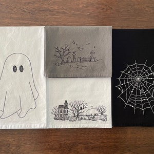 Embroidered Halloween Flour-sack Dishtowels - Ghost, Graveyard, Haunted House, Spider Web
