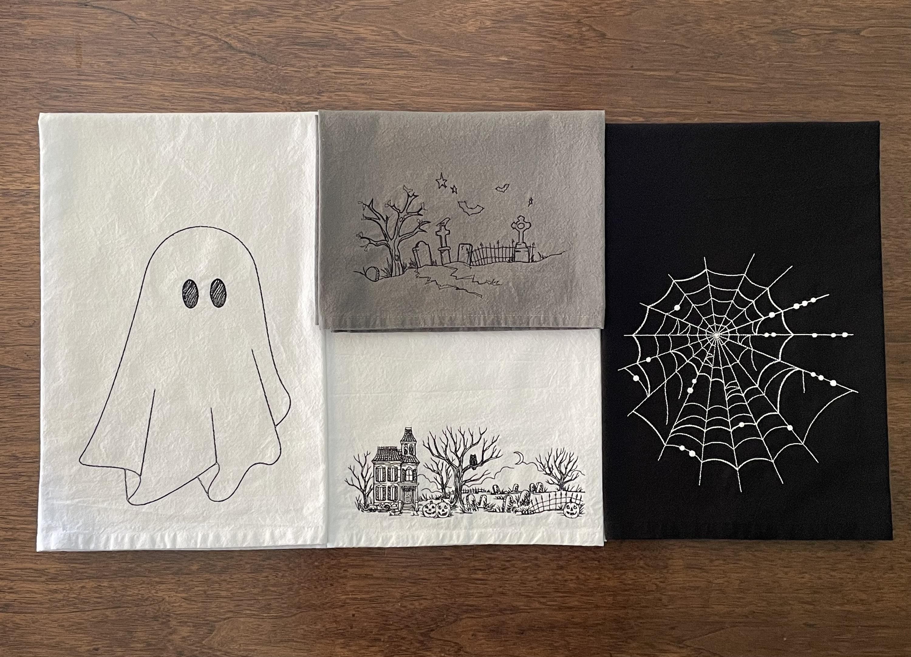 Embroidered Halloween Flour-sack Dishtowels - Ghost, Graveyard, Haunted House, Spider Web