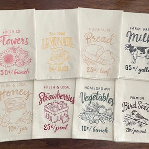 Embroidered Farmers Market Flour-sack Dishtowels - Flowers, Lemonade, Bread, Milk, Honey, Strawberries, Vegetables, Bird Seed
