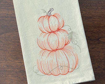 Embroidered Stacked Orange Fall Pumpkin Flour-sack Dishtowel