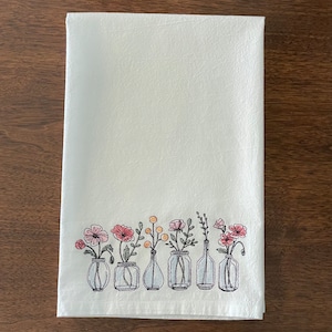 Embroidered Flower Jar Row Flour-sack Dishtowel