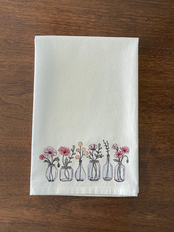Embroidered Flower Jar Row Flour-sack Dishtowel