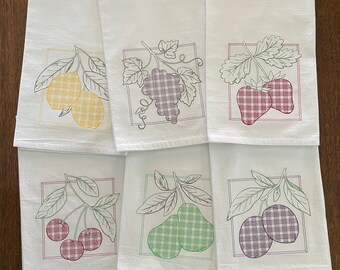 Embroidered Gingham Fruit Flour-sack Dishtowels - Lemons, Grapes, Strawberries, Cherries, Pears, Plums