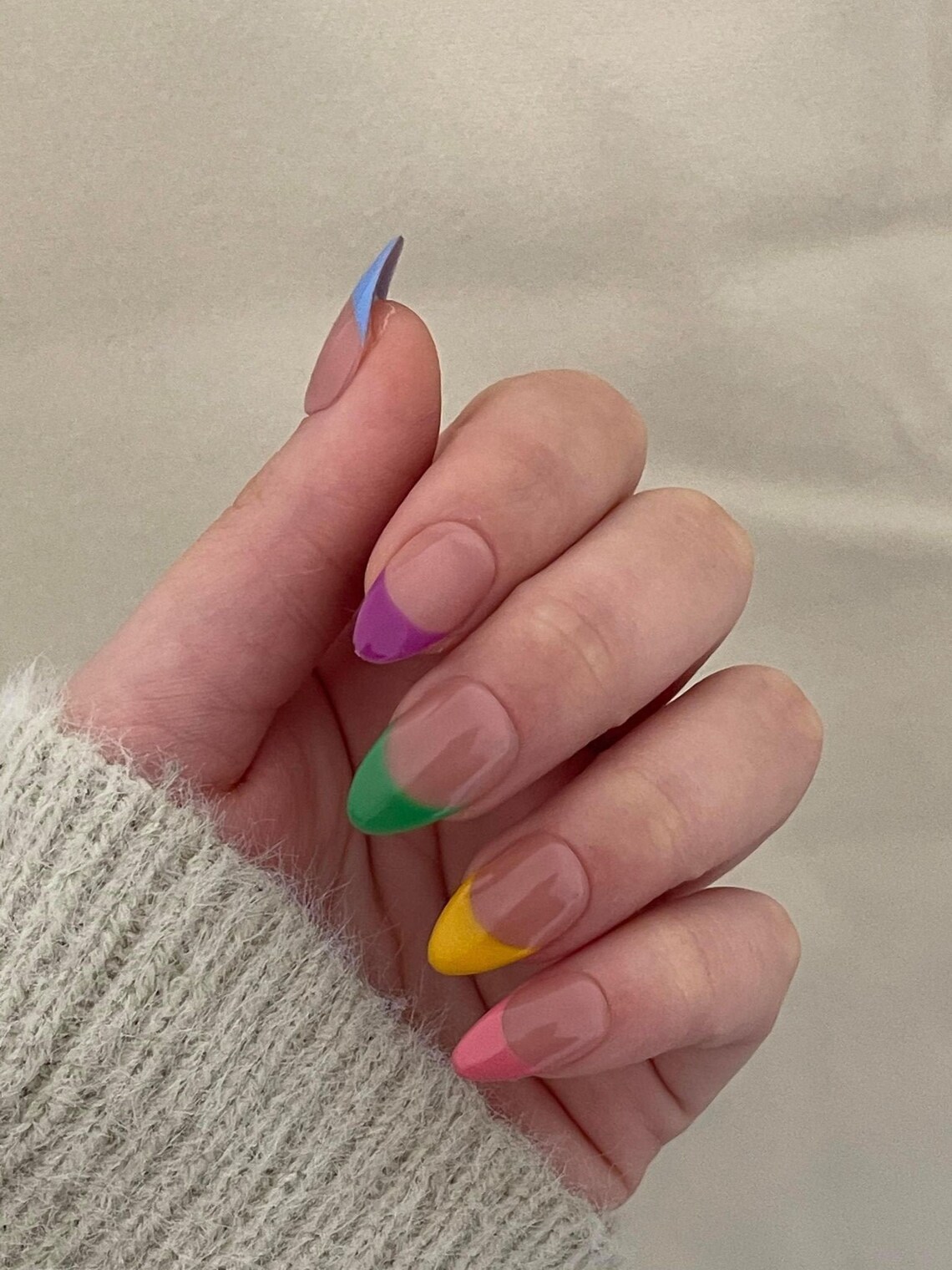 Pastel rainbow French tip press on nails | Etsy