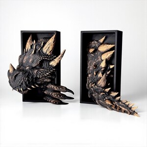 May include: Two dragon head wall sculptures. The dragon heads are dark brown with tan horns and spikes. The sculptures are mounted in black rectangular frames, with one head and one tail extending out.