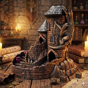 May include: A detailed, brown, fantasy-themed dice tower shaped like a castle with a dragon sculpture. The tower has multiple levels, windows, and a stone-like texture. Purple dice are visible on the steps. The tower sits on a wooden surface.