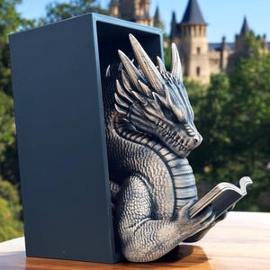May include: A silver dragon bookend with a detailed, textured design. The dragon is holding a book in its claws and is positioned in a reading pose. The bookend is made of a durable material and is perfect for holding books upright on a shelf or desk.