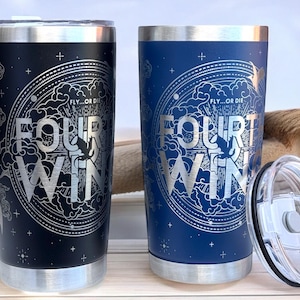 A 20 oz tumbler showcasing a design representing the four winds, identified as "fourth wing."