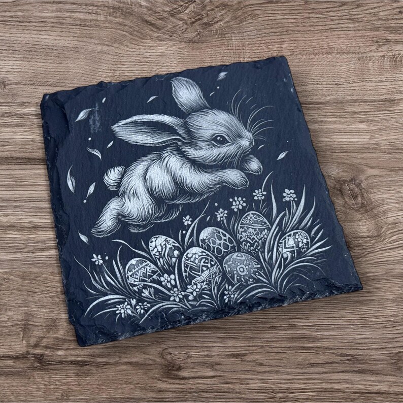 Engraved slate coaster featuring a detailed illustration of a bunny resting on a decorative Easter egg, surrounded by grass and leaves. The coaster has a natural, rough-edged finish and is set on a wooden background
