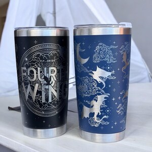 A 20 oz tumbler showcasing a design representing the four winds, identified as "fourth wing."