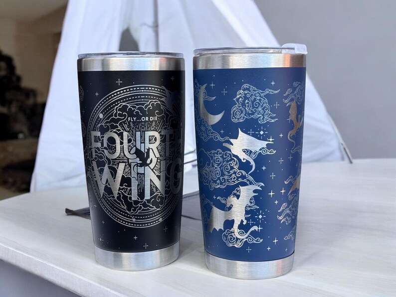 A 20 oz tumbler showcasing a design representing the four winds, identified as "fourth wing."
