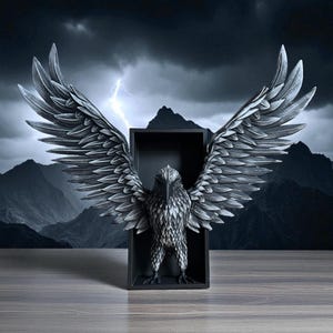 May include: A detailed, grayscale sculpture of a raven with outstretched wings, set within a black rectangular frame. The raven's feathers are intricately detailed. The background features a stormy sky with mountains and lightning.